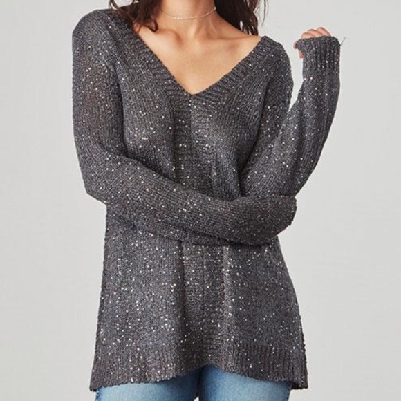 Jack by BB Dakota Sweaters - WORN ONCE GREY sequin sweater w/crisscross details